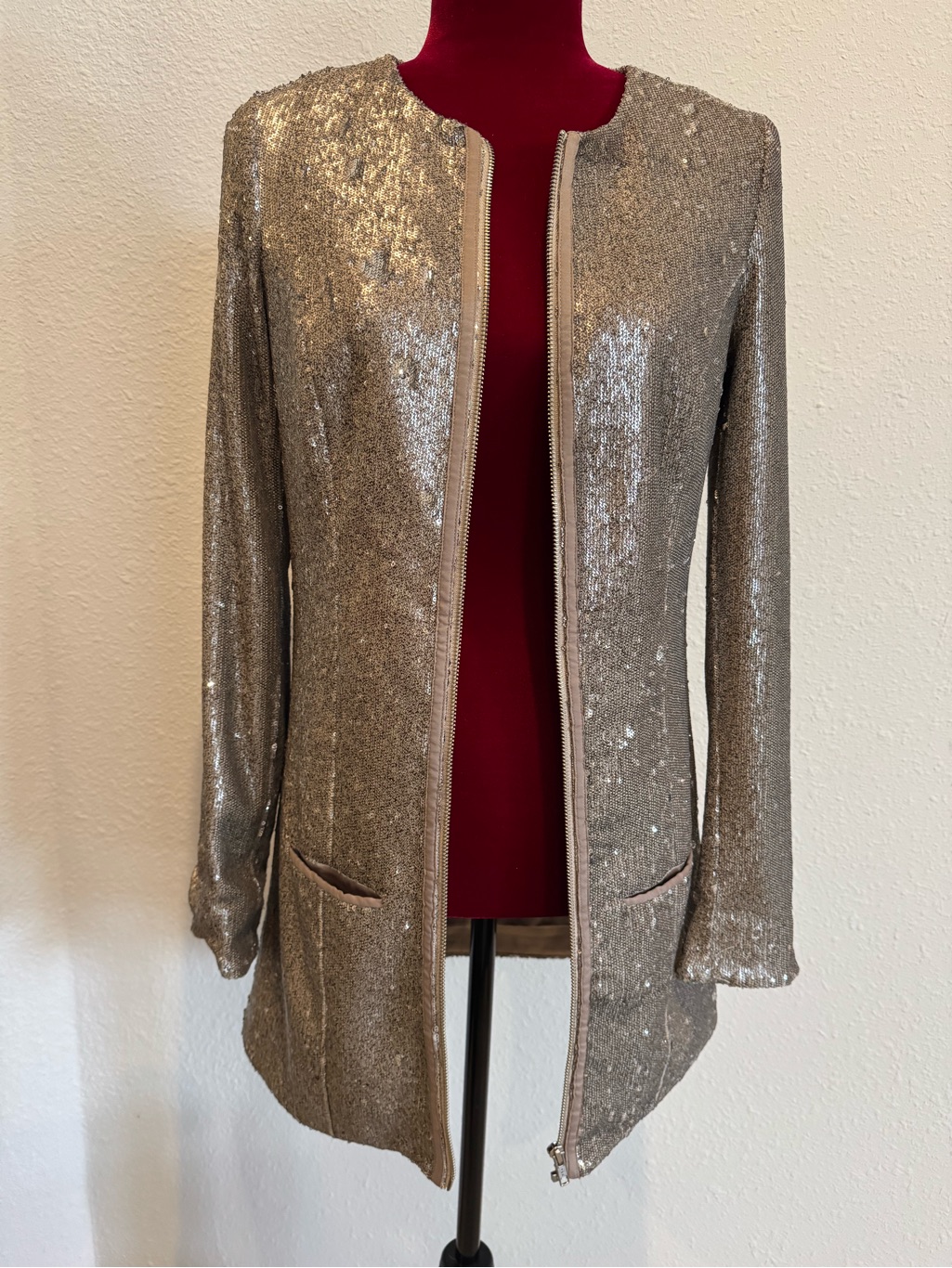 Guess By Marciano Metallic Taupe Gold Sequin Longline Jacket